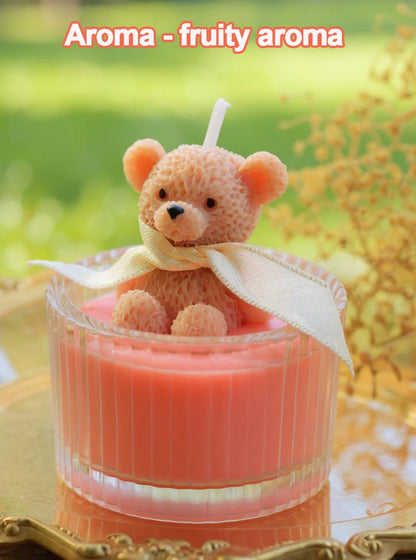 Scented Luxury Teddy Bear Soy Candle in Glass Jar with Ribbon, Creamy Pastel Gifts for Women, Bridal Shower & Holiday Favors