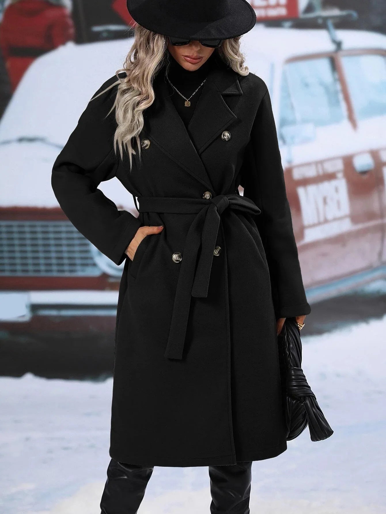 Thickened Pure Color Notch Collar Double Breasted Belted Long Length Woolen Coat for Women Comfortable Casual Style Spring Au...