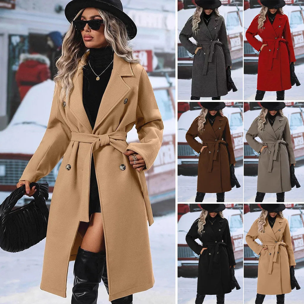 Thickened Pure Color Notch Collar Double Breasted Belted Long Length Woolen Coat for Women Comfortable Casual Style Spring Au...