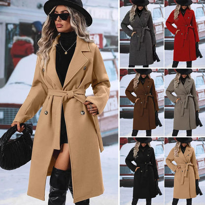Thickened Pure Color Notch Collar Double Breasted Belted Long Length Woolen Coat for Women Comfortable Casual Style Spring Au...