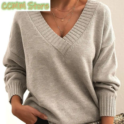 New Winter Women Pullover Sweaters Female V-Neck Loose Casual knitwear Retro Autumn Lady Long Sleeve Office Solid Warm Knit Tops
