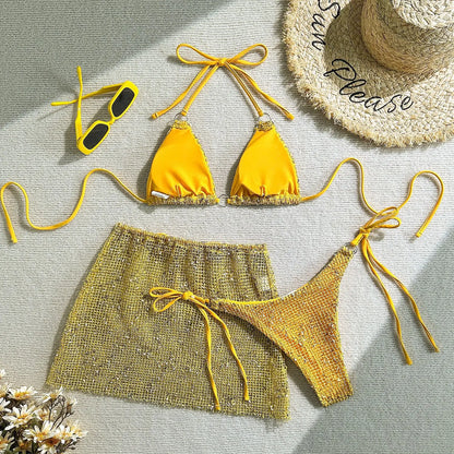 Shiny White Bikini Set 2025 Women's push up cover up 3 Piece Swimsuit Mesh Beach Skirt Thong Metal Ring Swimwear Bathing Suit