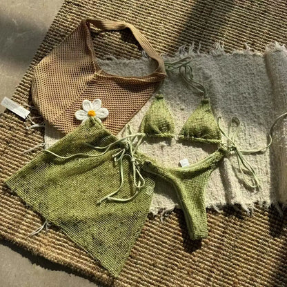 Shiny White Bikini Set 2025 Women's push up cover up 3 Piece Swimsuit Mesh Beach Skirt Thong Metal Ring Swimwear Bathing Suit