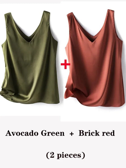 Woman T-shirts Elegant SILK Satin Blouse Sleeveless Female Summer 2025 Casual Loose Tanks and Camis Solid Green Tops for Women