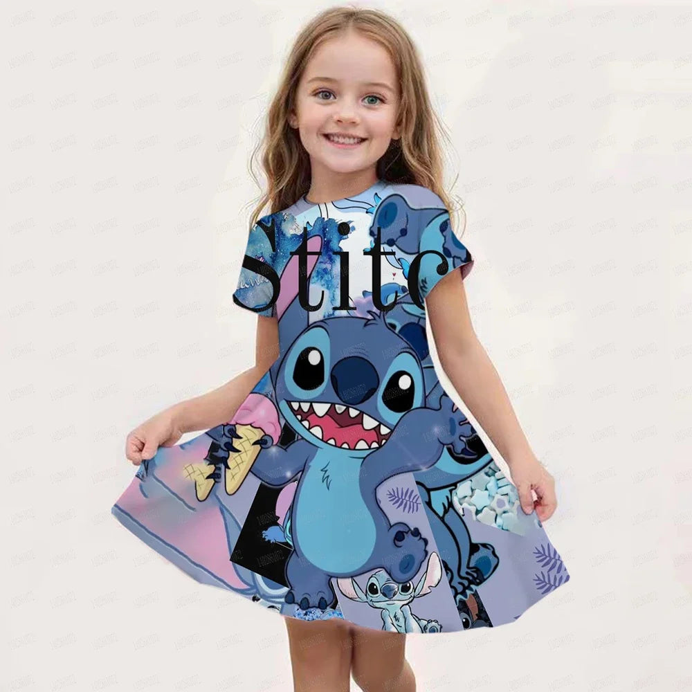 2025 Stitch Dress For Girls Children's Sleep Baby Summer Clothes StrayKids 3d Print Skirt Original Clothing Short-Sleeved Skirt