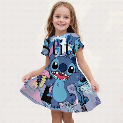 2025 Stitch Dress For Girls Children's Sleep Baby Summer Clothes StrayKids 3d Print Skirt Original Clothing Short-Sleeved Skirt