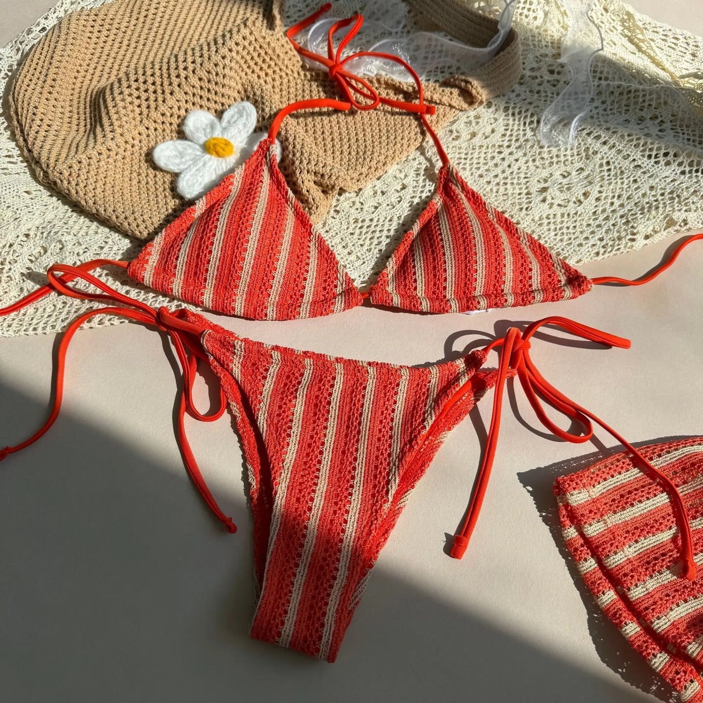 Sexy Green Orange Striped Bikini Set Women Halter Push Up High Waist Panties 3 Piece Swimsuit 2025 Summer Bathing Suit Swimwear