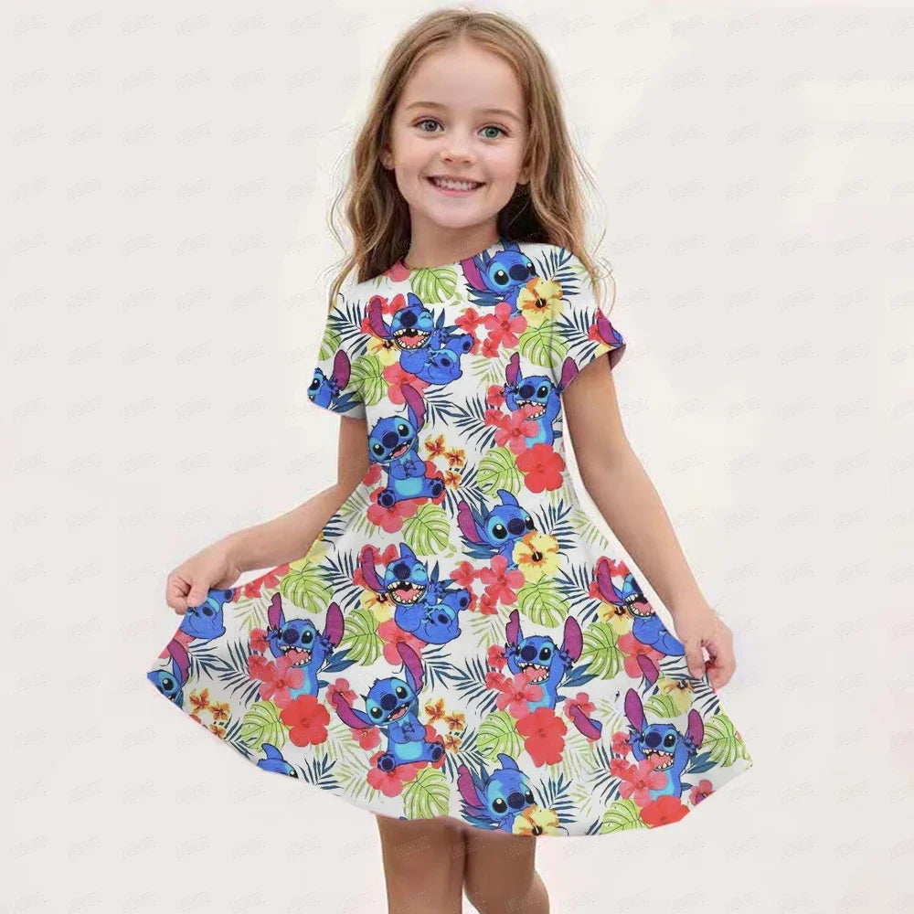 2025 Stitch Dress For Girls Children's Sleep Baby Summer Clothes StrayKids 3d Print Skirt Original Clothing Short-Sleeved Skirt