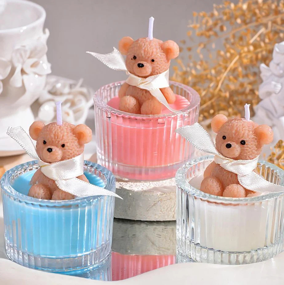 Scented Luxury Teddy Bear Soy Candle in Glass Jar with Ribbon, Creamy Pastel Gifts for Women, Bridal Shower & Holiday Favors