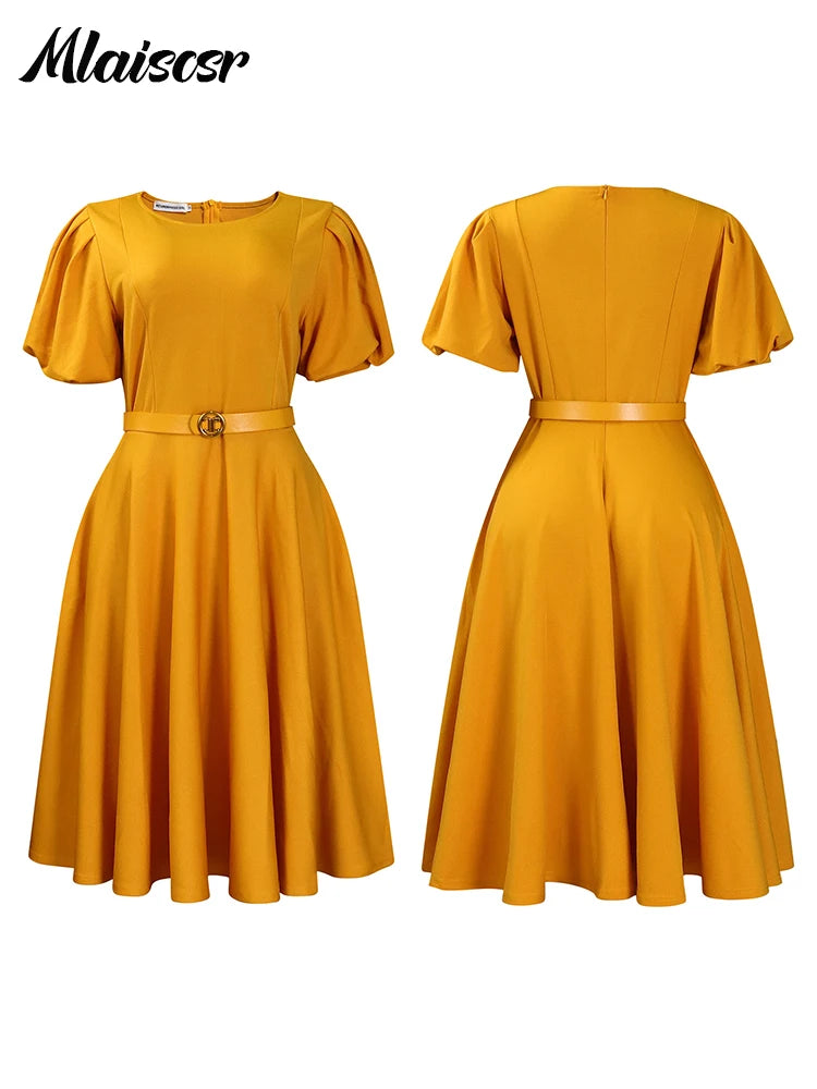 Mlaiscsr Elegant Office Lady O Neck Puff Short Sleeve Belt Waisted A Line Mid Dress Birthday Women Formal Business Work Vestidos