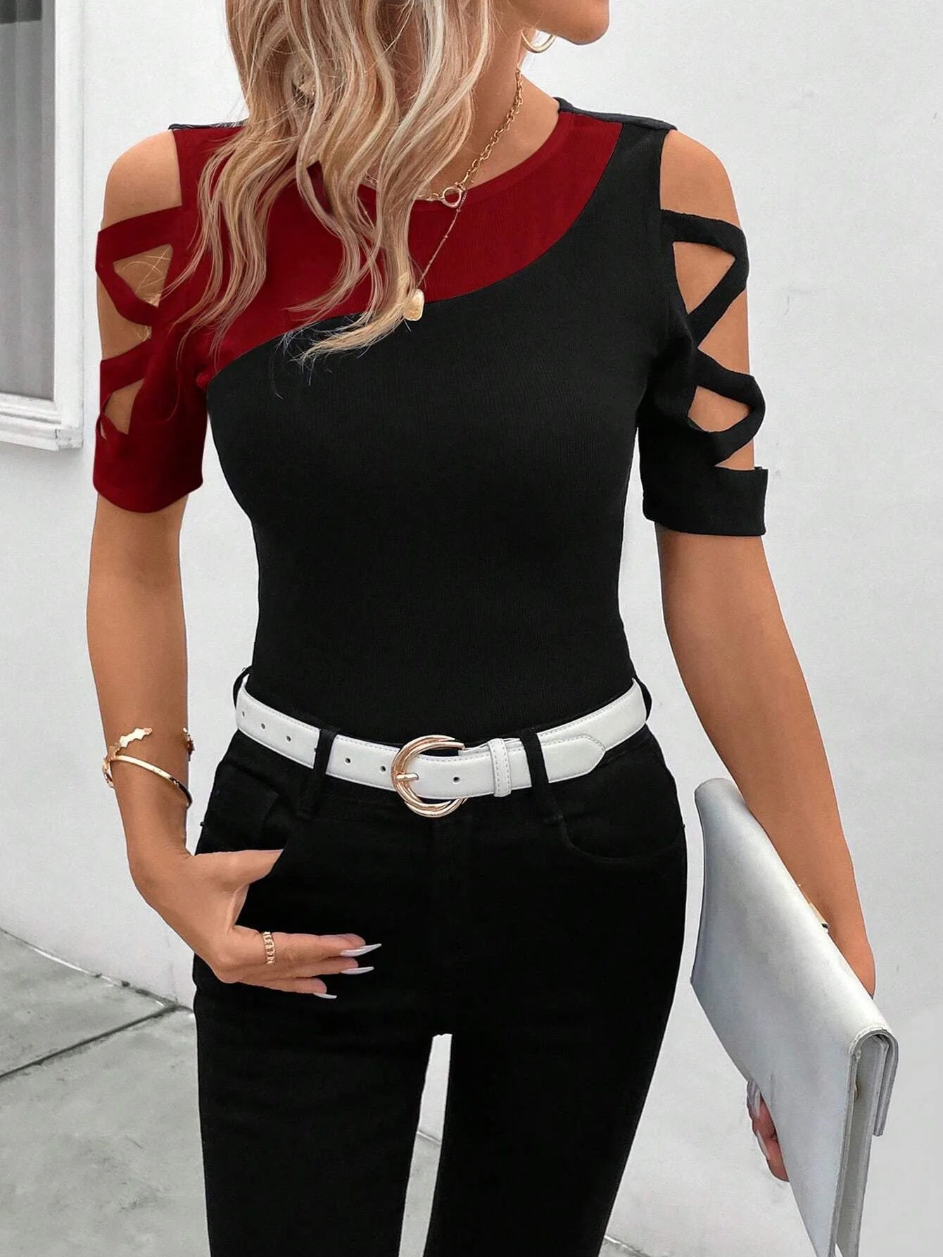 2025 Summer Fashion Blouses Women Classic Contrast Color Cross Slim Shirts Casual Round Neck Short Sleeve Hollow Out Street Tops