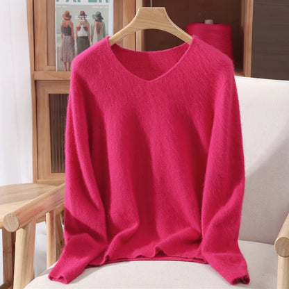 Autumn Winter Mink Cashmere Women Sweater V-Neck Pullover Fashion Basic Soft Warm Clothing 100% Mink Cashmere Knitwear Tops