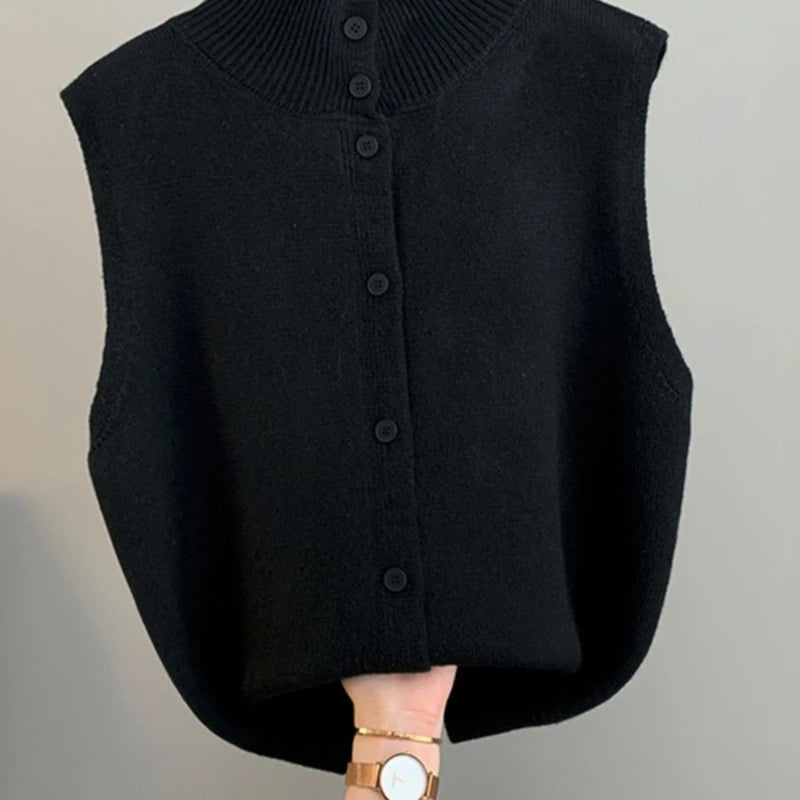 Knitted Vest for Women Solid Color Half Turtleneck Twist Sleeveless Cardigan Fashion Double Sided Wear Loose Waistcoat Knitwear