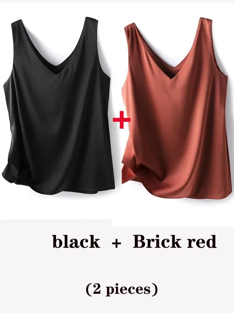 Woman T-shirts Elegant SILK Satin Blouse Sleeveless Female Summer 2025 Casual Loose Tanks and Camis Solid Green Tops for Women