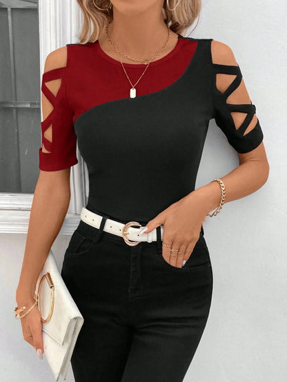 2025 Summer Fashion Blouses Women Classic Contrast Color Cross Slim Shirts Casual Round Neck Short Sleeve Hollow Out Street Tops