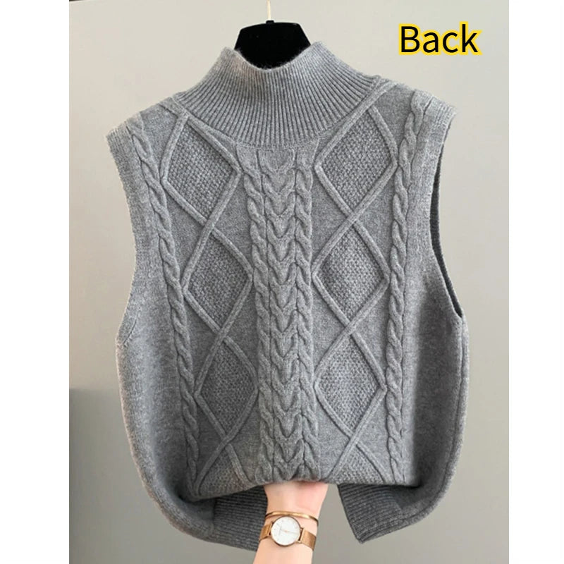 Knitted Vest for Women Solid Color Half Turtleneck Twist Sleeveless Cardigan Fashion Double Sided Wear Loose Waistcoat Knitwear