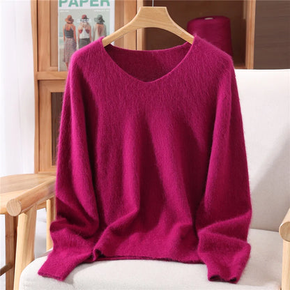 Autumn Winter Mink Cashmere Women Sweater V-Neck Pullover Fashion Basic Soft Warm Clothing 100% Mink Cashmere Knitwear Tops