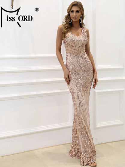 Missord Women Gold Evening Dress Elegant V Neck Sleeveless Sequins Waist See Through Bodycon Maxi Party Prom Dresses Long Gown