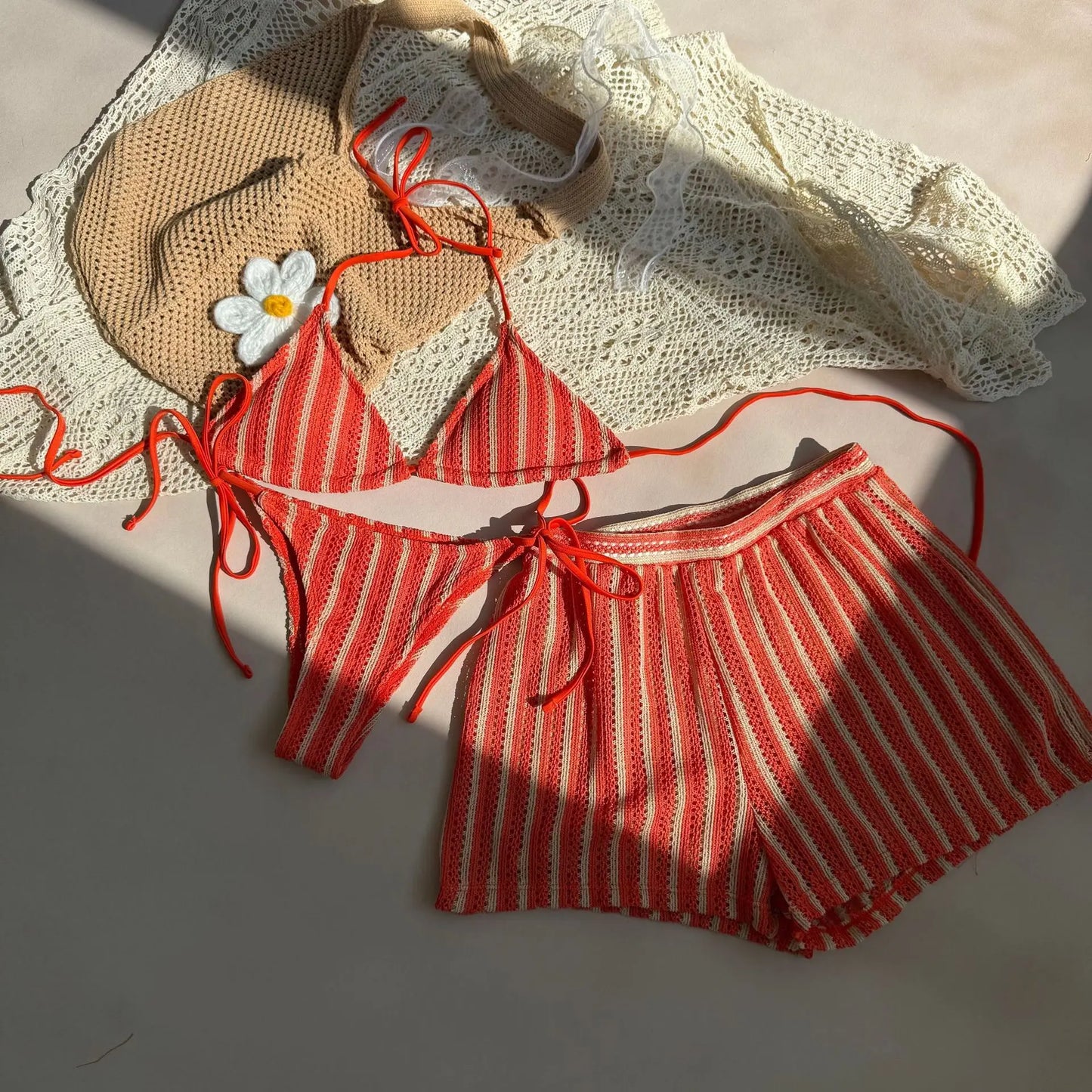 Sexy Green Orange Striped Bikini Set Women Halter Push Up High Waist Panties 3 Piece Swimsuit 2025 Summer Bathing Suit Swimwear