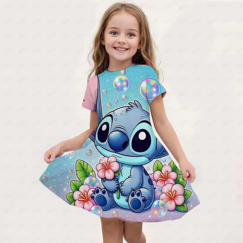 2025 Stitch Dress For Girls Children's Sleep Baby Summer Clothes StrayKids 3d Print Skirt Original Clothing Short-Sleeved Skirt