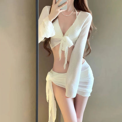 Women's Long Sleeve Knit Bikini Set, Pure Sexy Push-Up Swimsuit with Cover-Up, Elegant Resort Swimwear for Vacation Beach