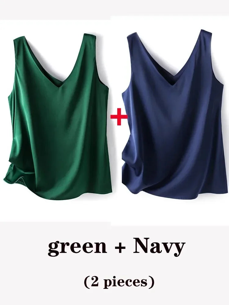 Woman T-shirts Elegant SILK Satin Blouse Sleeveless Female Summer 2025 Casual Loose Tanks and Camis Solid Green Tops for Women