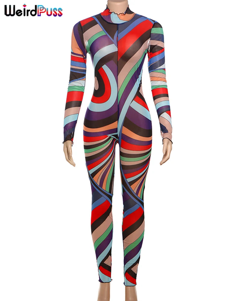 Nibber Zipper Sexy Colorful Print Jumpsuit Women Mesh Y2K Full Sleeve O-Neck Turtleneck Trend Skinny Stretch Workout Overalls