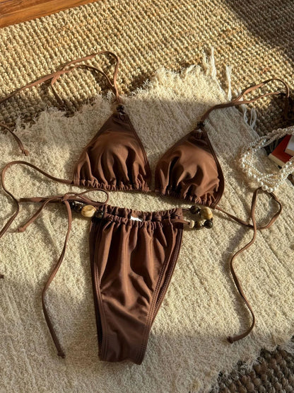 Sexy Brown Bikini 2025 Women Solid Red Halter Push Up Bra Tie Side Triangle Swimsuit Summer Bathing Suit Lace Up Micro Swimwear