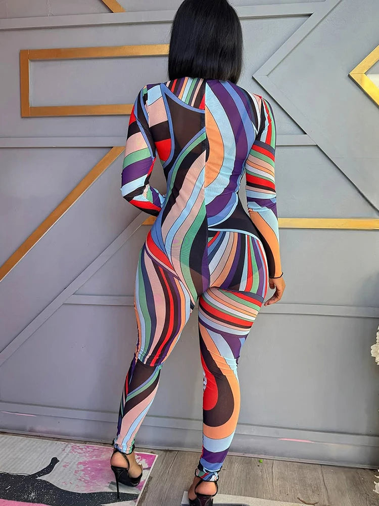 Nibber Zipper Sexy Colorful Print Jumpsuit Women Mesh Y2K Full Sleeve O-Neck Turtleneck Trend Skinny Stretch Workout Overalls
