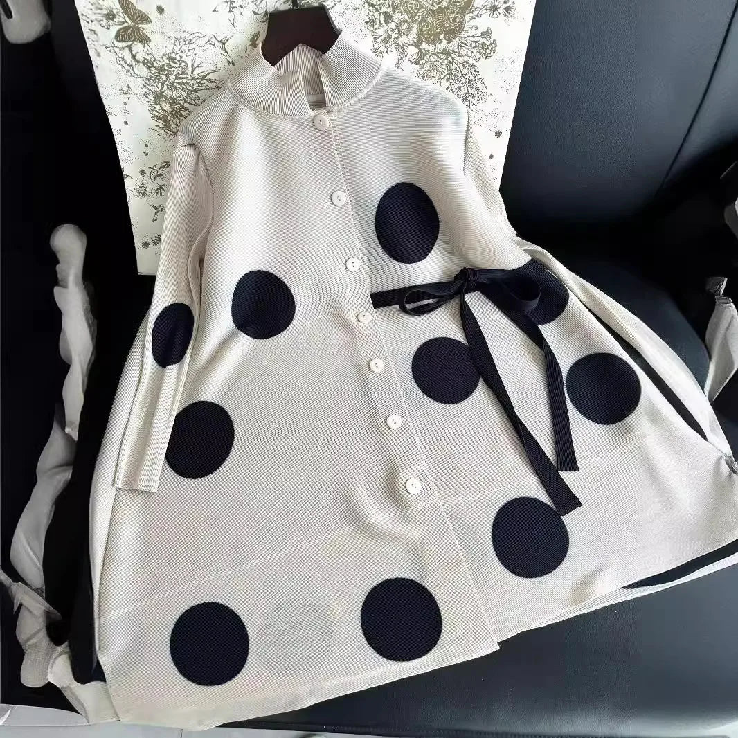 Pleated Polka Dot Jacket Long Sleeve Lapel Design Women's Dresses Loose Plus Size Tie Single Breasted Dresses 2024 Summer New