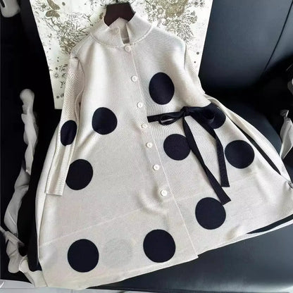 Pleated Polka Dot Jacket Long Sleeve Lapel Design Women's Dresses Loose Plus Size Tie Single Breasted Dresses 2024 Summer New