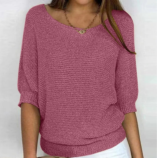 Women's Sweater Pullover Temperament Commuting Winter Tops Solid Color Round Neck Three Quarter Sleeve Knitted Sweater Top