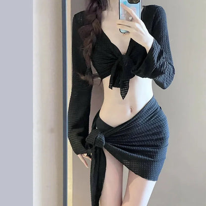 Women's Long Sleeve Knit Bikini Set, Pure Sexy Push-Up Swimsuit with Cover-Up, Elegant Resort Swimwear for Vacation Beach