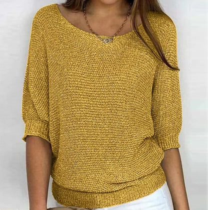 Women's Sweater Pullover Temperament Commuting Winter Tops Solid Color Round Neck Three Quarter Sleeve Knitted Sweater Top