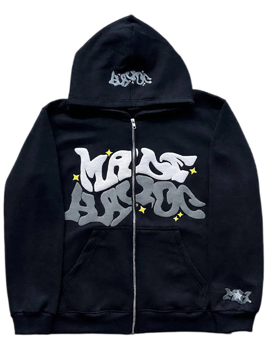 Men's Full Zip Y2K Hoodie Graphic Lettter Print Long Sleeve Fashion Jacket Hooded Sweatshirt