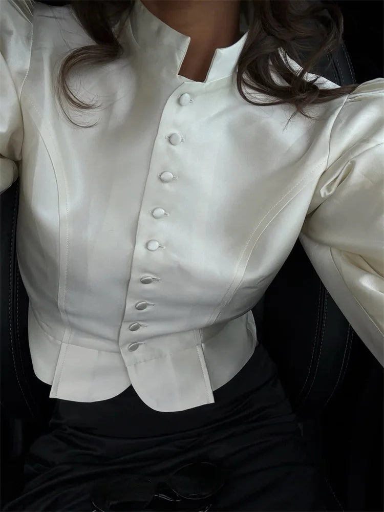 Tossy Autumn Satin Fashion Shirts Top For Women Patchwork Commute Solid Elegant Long Sleeve Cropped Cardigan Female Shirts Top