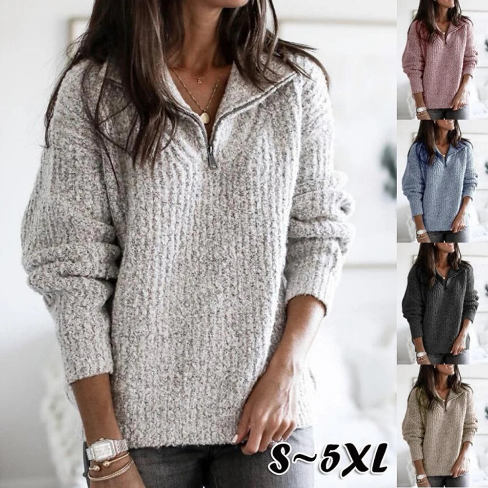 Autumn Women Turn Down Collar Zip Up Long Sleeve Knitted Pullover Sweater Coats NMD-950