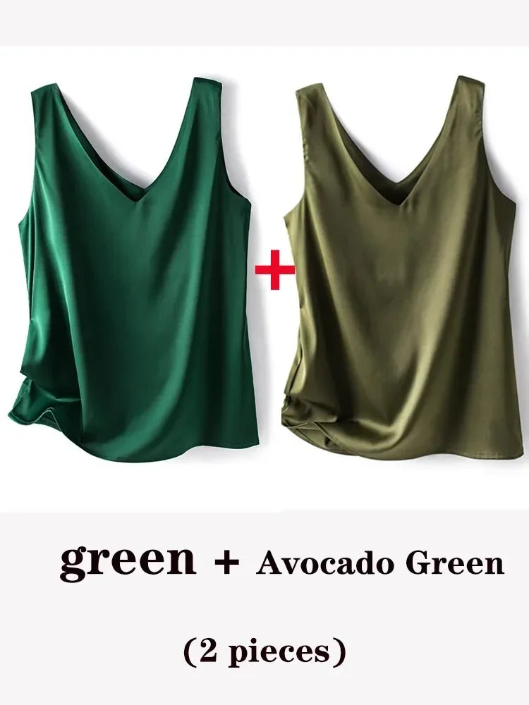 Woman T-shirts Elegant SILK Satin Blouse Sleeveless Female Summer 2025 Casual Loose Tanks and Camis Solid Green Tops for Women