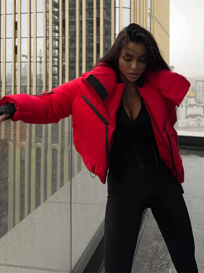 Chic Stand Collar Short Cotton Jacket Women Loose Contrast Warm Full Sleeve Zipper Jackets 2025 Fashion Autumn Winter Coat Lady