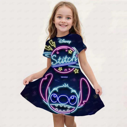 2025 Stitch Dress For Girls Children's Sleep Baby Summer Clothes StrayKids 3d Print Skirt Original Clothing Short-Sleeved Skirt