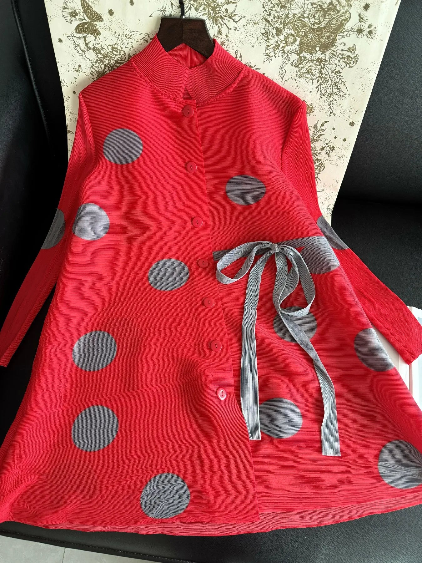 Pleated Polka Dot Jacket Long Sleeve Lapel Design Women's Dresses Loose Plus Size Tie Single Breasted Dresses 2024 Summer New