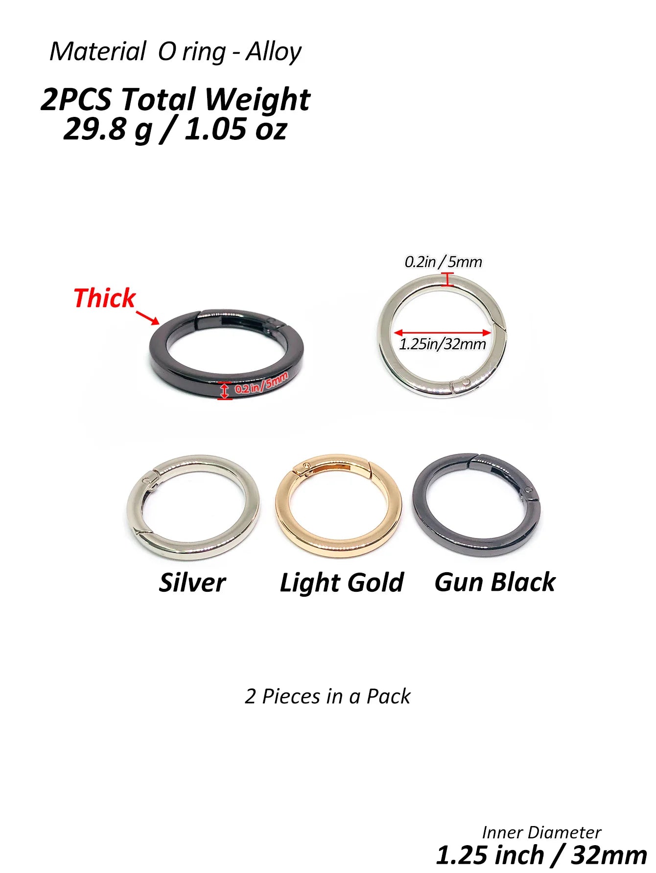 2Pcs Thick O Ring for Purse Strap Spring Rings 1/1.25/1.5 Inch Diameter Handbag And Key Accessory Holder Light Gold/Silver