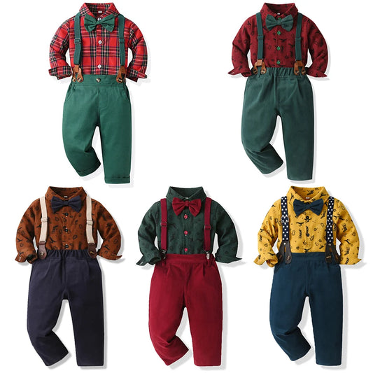 Autumn Winter Boys Formal Costume Suits Children Long Sleeved Plaid Shirt Rompers Christmas Gown Kids Birthday Carnival Clothing