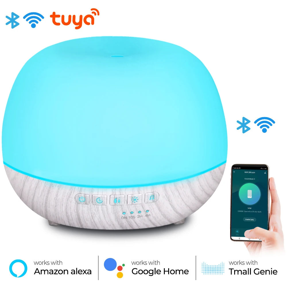 Tuya WiFi Smart 500ML Aromatherapy Essential Oil Diffuser Wood Grain Remote Control Ultrasonic Air Humidifier Cool With