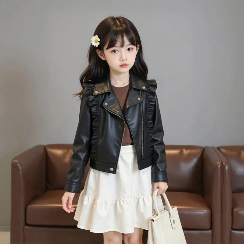 Girls Leather Jackets Children Kids Classics Handsome Pu Outerwear  2025 New Teenager Zipper Fly Coats Spring Autumn