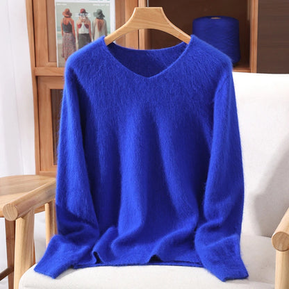 Autumn Winter Mink Cashmere Women Sweater V-Neck Pullover Fashion Basic Soft Warm Clothing 100% Mink Cashmere Knitwear Tops