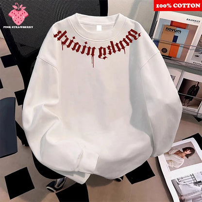 American Street Letter Print T-shirt Men 2025 Autumn New 100% Cotton White O-Neck Loose Casual T-shirt Y2k Tops Male clothing