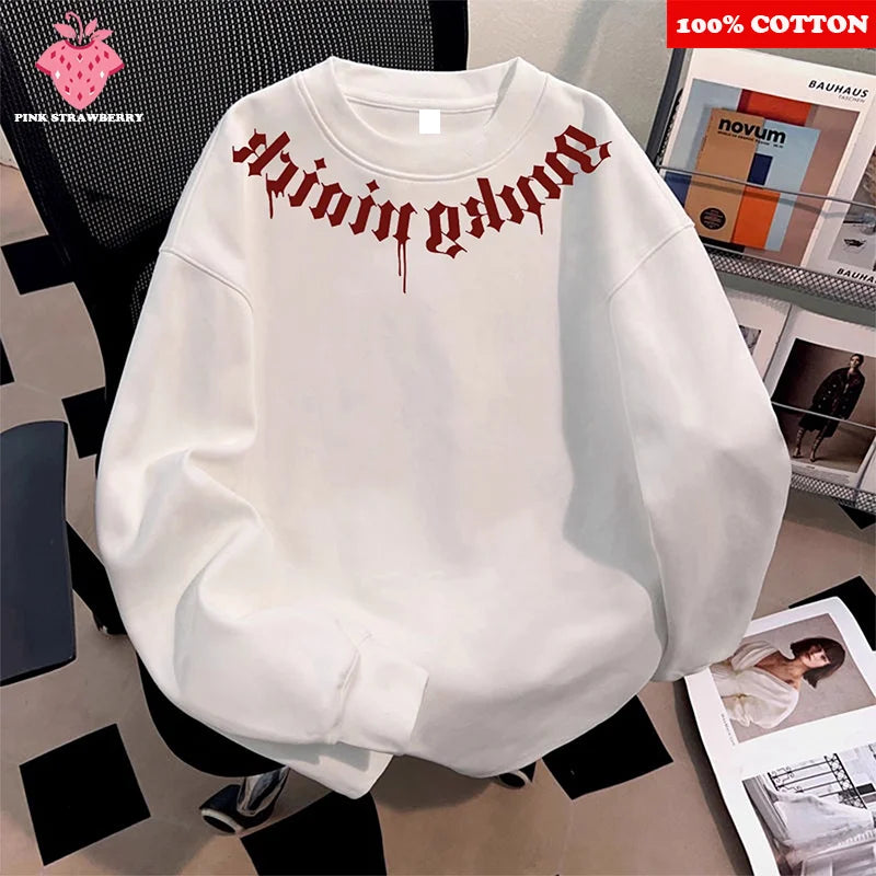 American Street Letter Print T-shirt Men 2025 Autumn New 100% Cotton White O-Neck Loose Casual T-shirt Y2k Tops Male clothing