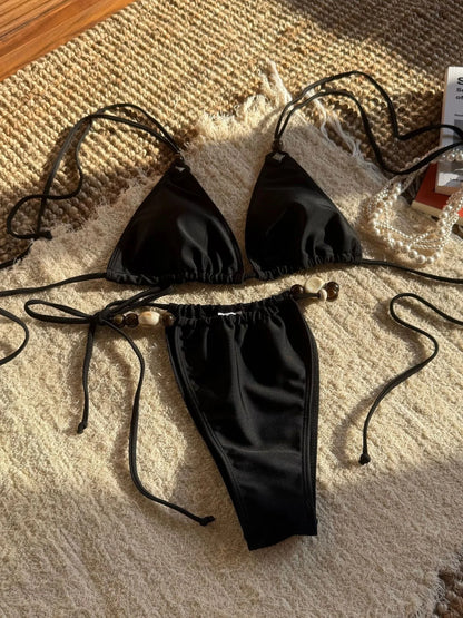 Sexy Brown Bikini 2025 Women Solid Red Halter Push Up Bra Tie Side Triangle Swimsuit Summer Bathing Suit Lace Up Micro Swimwear