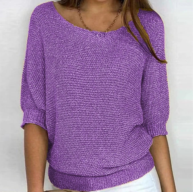 Women's Sweater Pullover Temperament Commuting Winter Tops Solid Color Round Neck Three Quarter Sleeve Knitted Sweater Top